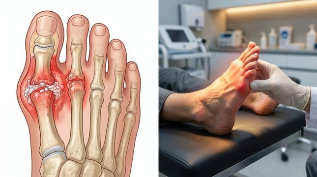 Chronic joint disease: acute gout, uric crystal, joint inflammation, intense agony, MTP pain, doctor visit, podagra attack, health issue, metabolic disorder, patient care, severe symptom.