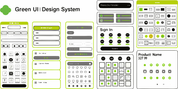 Green Ui Design System Elements Flat Icon Collection On White Background