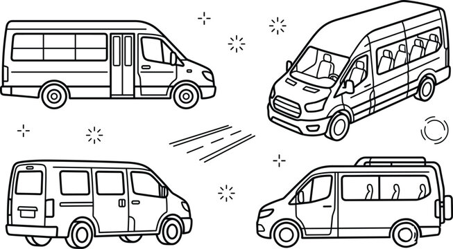 Minivan and Passenger Minibus Icon Set for Public Transit Transport Vector Line Designs