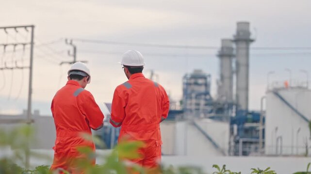 Asian male engineers discussing facility maintenance project during a beautiful sunset evening. Expert communication solves complex engineering problems rapidly. Optimal results.