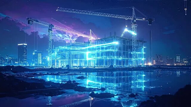 A large construction site illuminated at night under dark skies