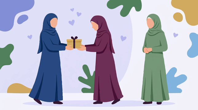 Muslim women in hijabs exchanging a gift, celebrating an Islamic occasion