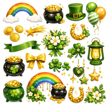 Festive St. Patrick's Day watercolor graphics featuring a bright rainbow, multiple pots of gold, lucky four-leaf clovers, golden coins, balloons, and decorative green ribbons