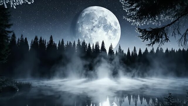 Ethereal moonlight illuminates a misty forest lake under a starry sky