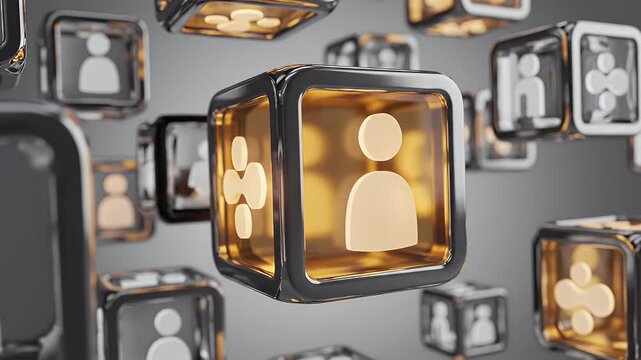 Futuristic translucent cubes with glowing icons float in a gray background