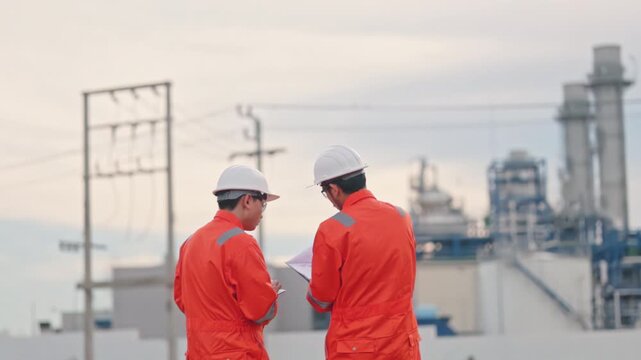 Asian male engineers discussing facility maintenance project during a beautiful sunset evening. Strict safety protocols protect valuable human resources daily. Quality output.