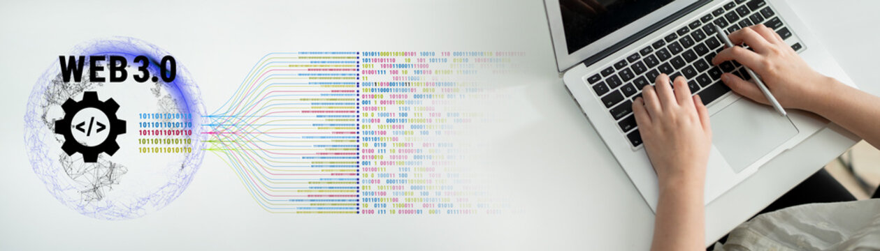 The concept of Web 3.0 development and decentralized data processing. The flow of binary code and information in the next generation internet. Motif