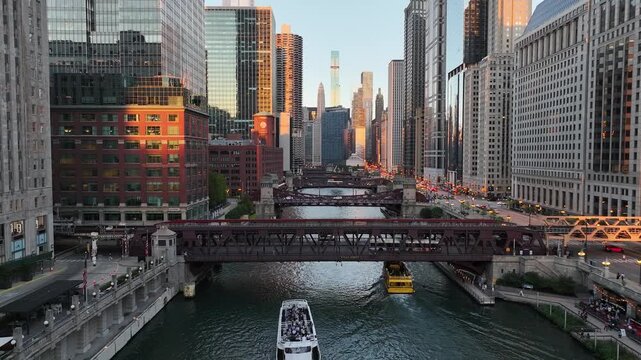 Aerial night view of downtown skyline of Chicago loop area