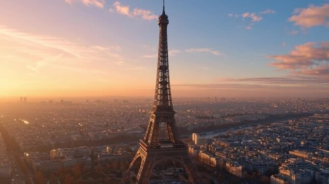 Eiffel Tower at sunset in Paris.