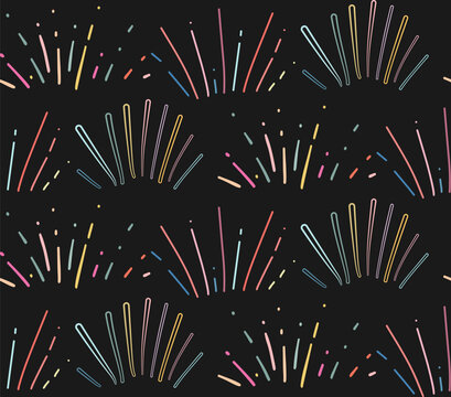 Vector doodle pattern with multicolored explosions on a dark background. Festive texture with scribble sparkles and fireworks