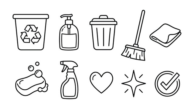 Cleaning Icons Collection: A set of hand-drawn icons representing various cleaning tools and supplies, including trash cans, soap dispenser, broom, microfiber cloth, soap bar, spray bottle.