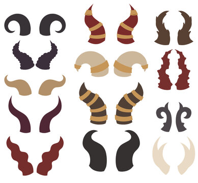 Vector set of flat silhouette of various devil horns. Collection of magical fantasy horns clip arts for game icons and stickers. 
