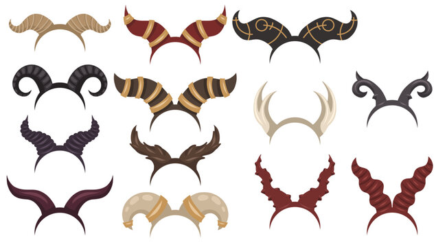 Vector set of hair band with various devil horns. Mythology accessories for hair. Collection of headband magical fantasy horns