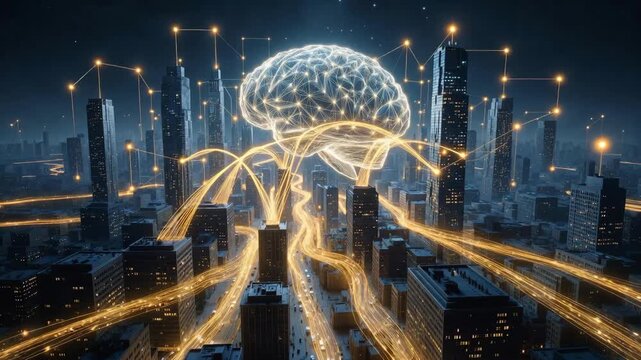 A glowing neural brain above a night cityscape in digital style on dark background, concept of technology and connectivity