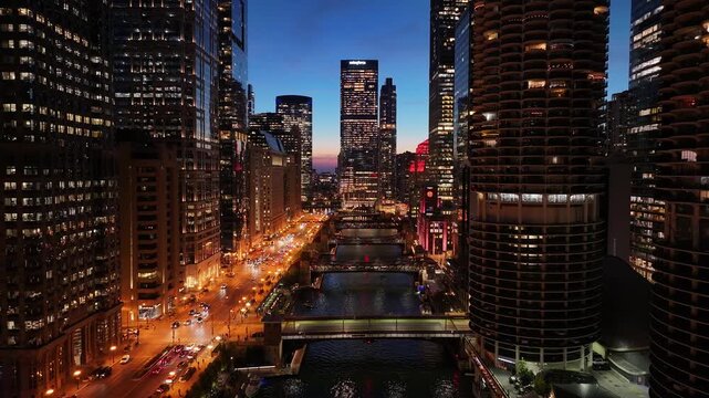 Aerial night view of downtown skyline of Chicago loop area