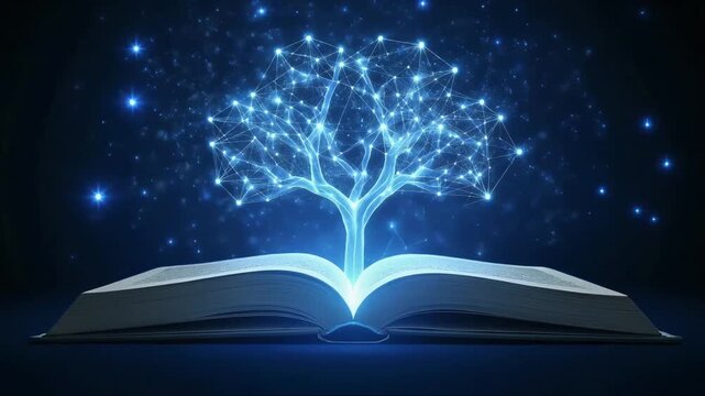 Knowledge tree animation glowing from open book pages representing digital education growth and future technology learning motion background video clip