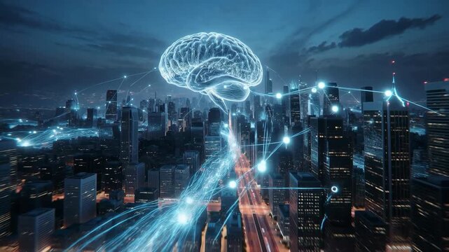 Glowing digital brain hovering over a nighttime cityscape in futuristic style on a dark sky background, symbolizing innovation