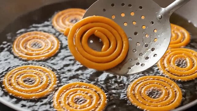 Traditional golden jalebi sweets being deep fried in a large pan of hot oil