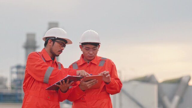 Asian male engineers discussing facility maintenance project to ensure optimal operational efficiency. Utilizing digital technology enhances manufacturing productivity significantly.