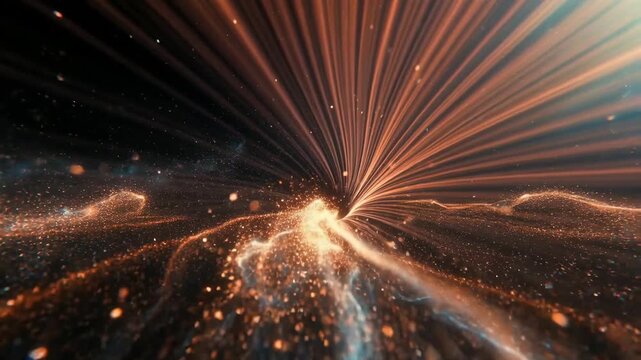 Glowing swirling particles forming cosmic waves in abstract style on dark backdrop, concept of energy flow and motion