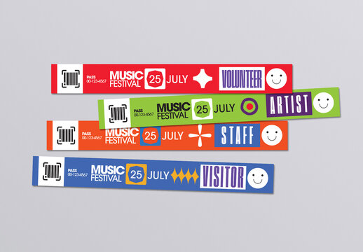 Colorful Music Festival Wristband Template Set With Modern Event Branding