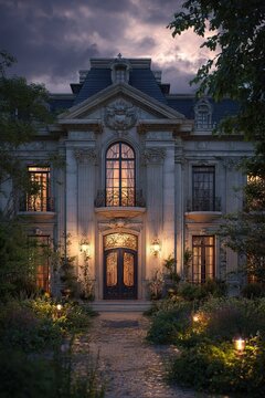 Ornate classical mansion facade illuminated at dusk with garden path