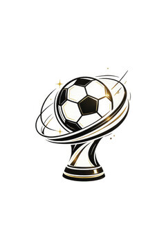 Shiny soccer ball trophy cup illustration with gold sparkles and motion lines