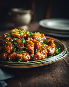 Crispy orange glazed chicken topped with fresh scallions