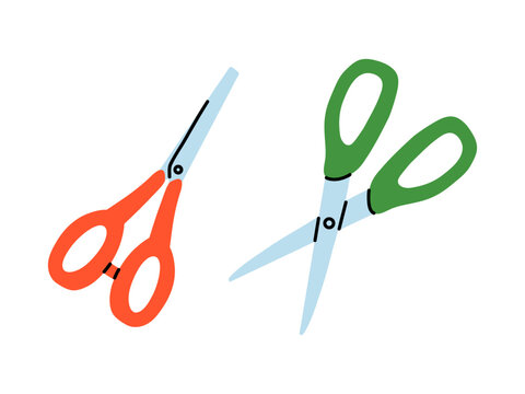 Vector set of colorful scissors illustration in flat design. Orange and green handle school scissor collection with open and closed blade. Back to school design.