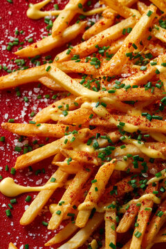 Top-down view of crispy french fries seasoned with chili paprika and fresh chives, drizzled with creamy cheese sauce on a bright red background