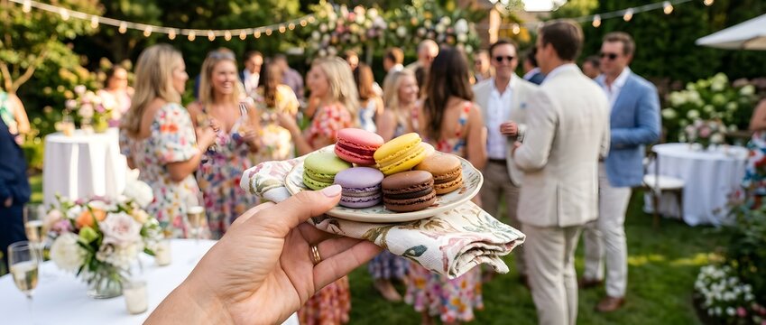 Outdoor garden party catering sweet desserts to guests enjoyment