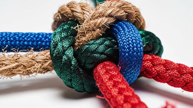 Intertwined colorful ropes forming a complex knot on white background, teamwork concept