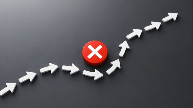 Problem solving concept with white arrows bypassing red cross obstacle representing business agility and workaround