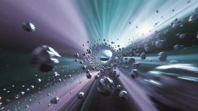 Asteroids rushing toward a luminous cosmic tunnel in a sci-fi style on a dark space backdrop, concept of interstellar travel