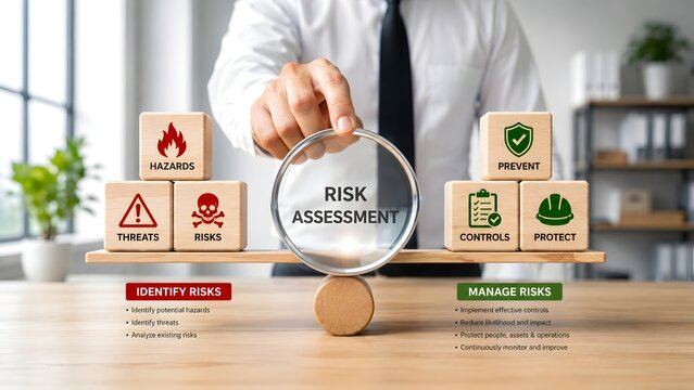 Strategic risk assessment methodology balancing hazard identification threats and safety control protocols on wooden scale