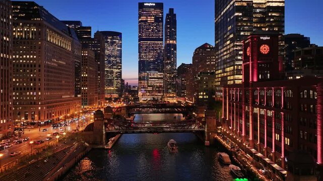 Aerial night view of downtown skyline of Chicago loop area