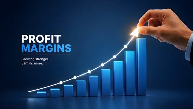 Financial growth concept showing hand placing glowing arrow on rising bar chart representing increasing profit margins and business success