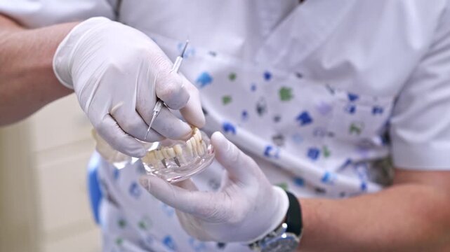 Dentist demonstrating dental implant procedure on a model jaw with tools in clinic.