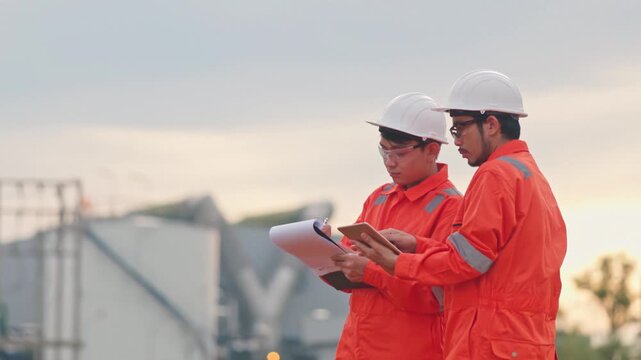 Asian male engineers discussing facility maintenance project while wearing high visibility coveralls. Reliable infrastructure requires continuous monitoring and careful evaluation.