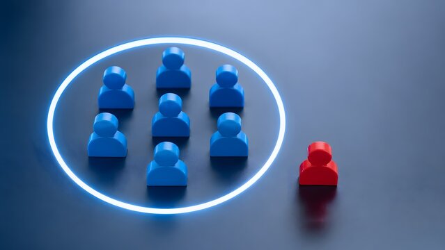Team dynamic and workplace isolation concept featuring separated red figure outside a glowing boundary of blue corporate group