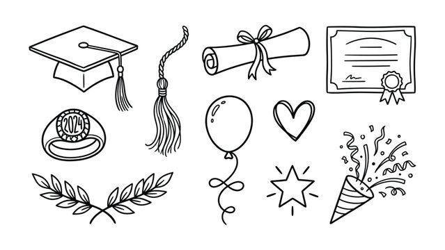 Graduation Celebration Icons: A collection of hand-drawn, doodle-style icons representing graduation and academic achievement, including a cap, diploma, scroll, balloon, and confetti popper.