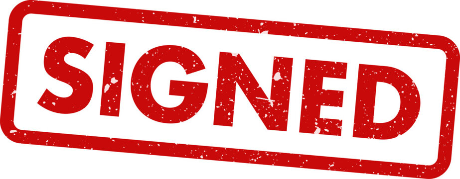 Red rubber stamp illustration with the word 'signed' legal document authentication
