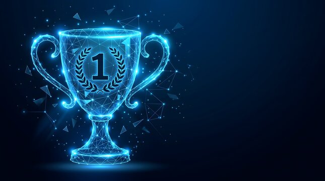 Glowing Blue Wireframe Polygon Winner Trophy Cup with First Place Number One Icon