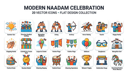 Fototapeta premium Naadam celebration icons set, modern flat design vector collection