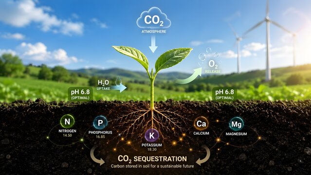 Agricultural science diagram illustrating plant root nutrient absorption and carbon sequestration for sustainable environmental management