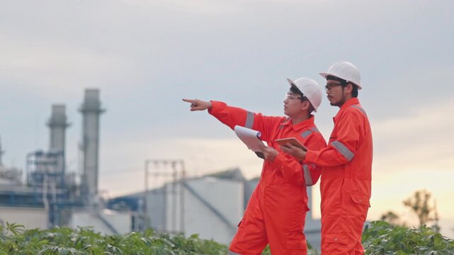 Asian male engineers discussing facility maintenance project while wearing high visibility coveralls. Strict safety protocols protect valuable human resources daily. Smart solution.