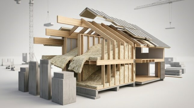 Conceptual architectural model showcasing home construction with exposed insulation and framing