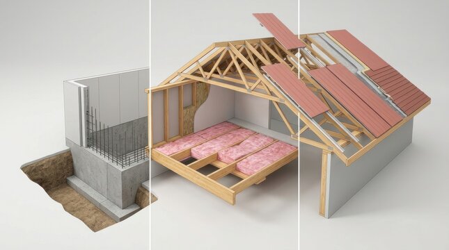 Detailed Cutaway Illustration Showcasing a House Foundation, Floor Insulation, and Roof