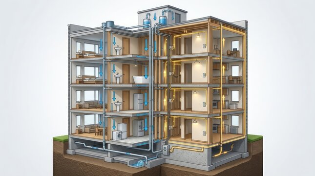 Cross section schematic of a multi-story building showing internal plumbing and electrical systems