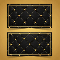 Fototapeta premium Luxury business card template with black quilted leather texture, gold diamond stitching, gold studs, and gold frame border on a gold background, front and back layout view.